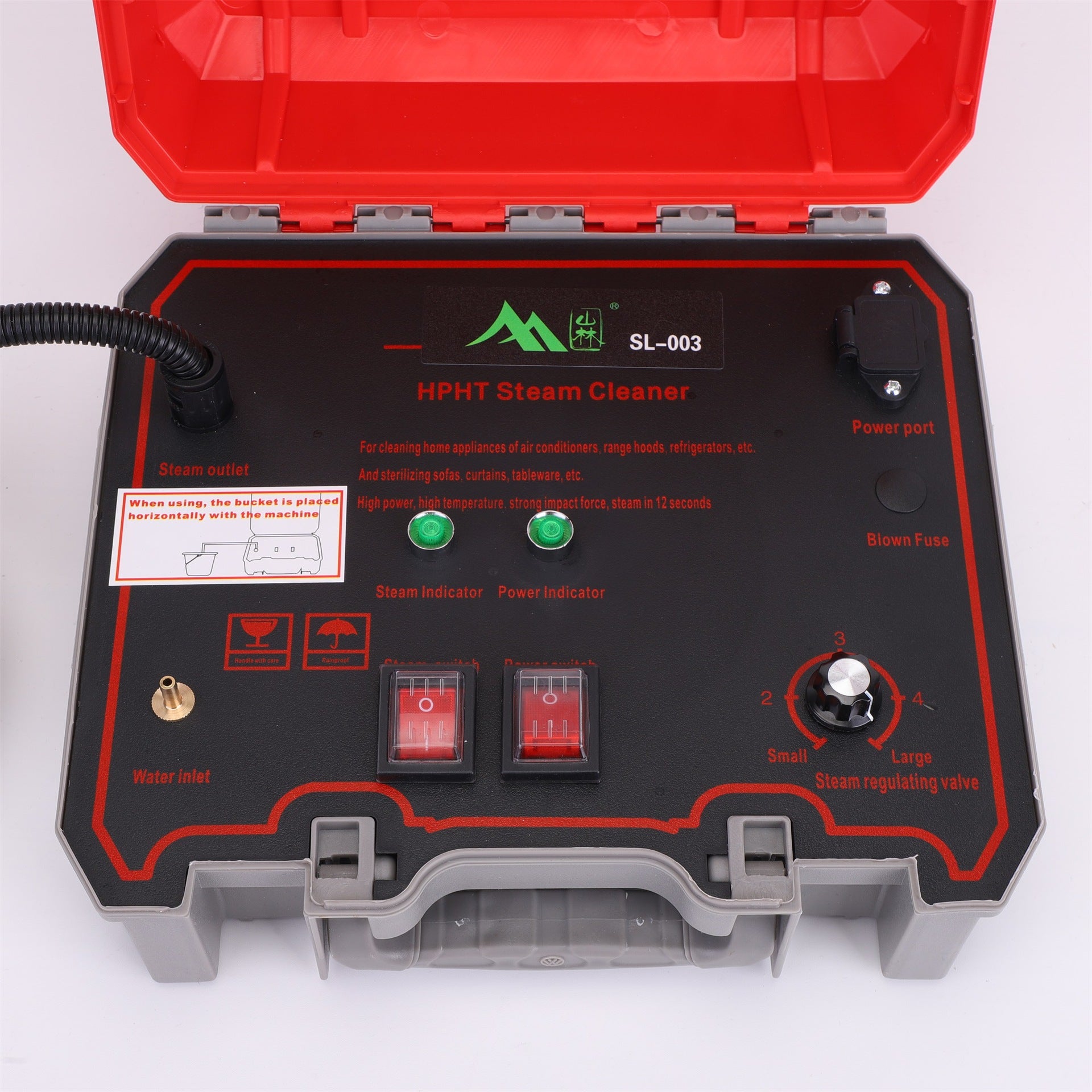 Panel de control de limpiadora a vapor alta presión tipo maletín rojo, con indicadores de vapor y potencia, ideal para limpieza de cocina y baño