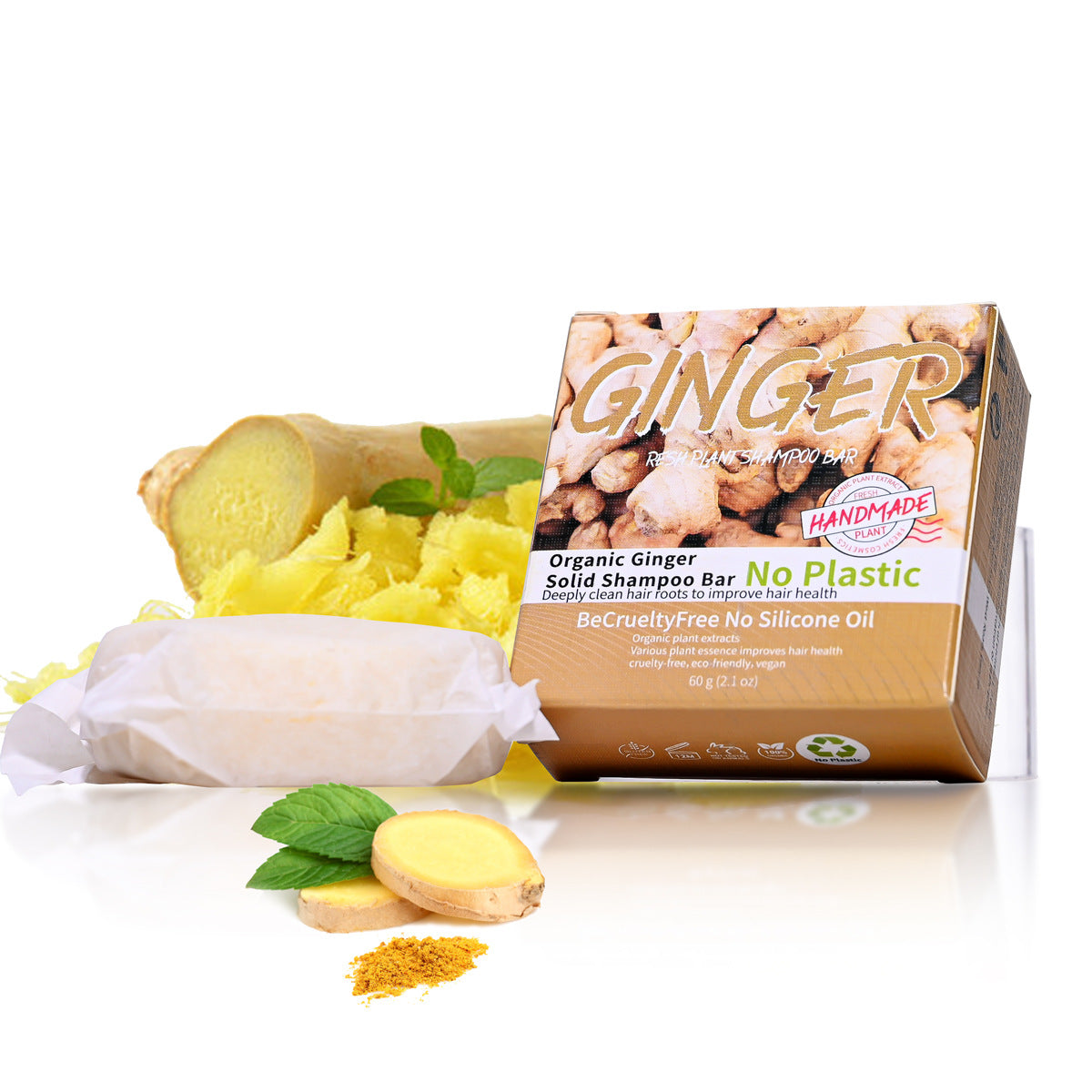 Jabón sólido de jengibre orgánico para cabello, estimula el crecimiento y limpia profundamente, sin plástico ni crueldad animal.