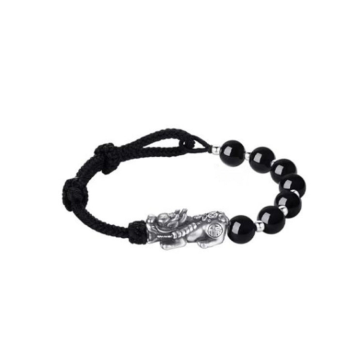Pulsera de hombre de obsidiana negra con plata: regalo de cumpleaños, trenzado, perlas, atrayendo riquezas
