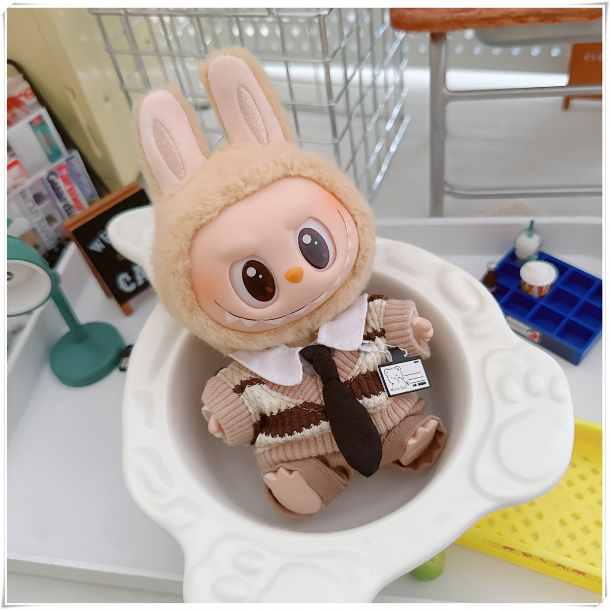 Muñeca de algodón de 10cm Labubu con uniforme de estudiante de 17cm: zapatillas de la familia Mickey