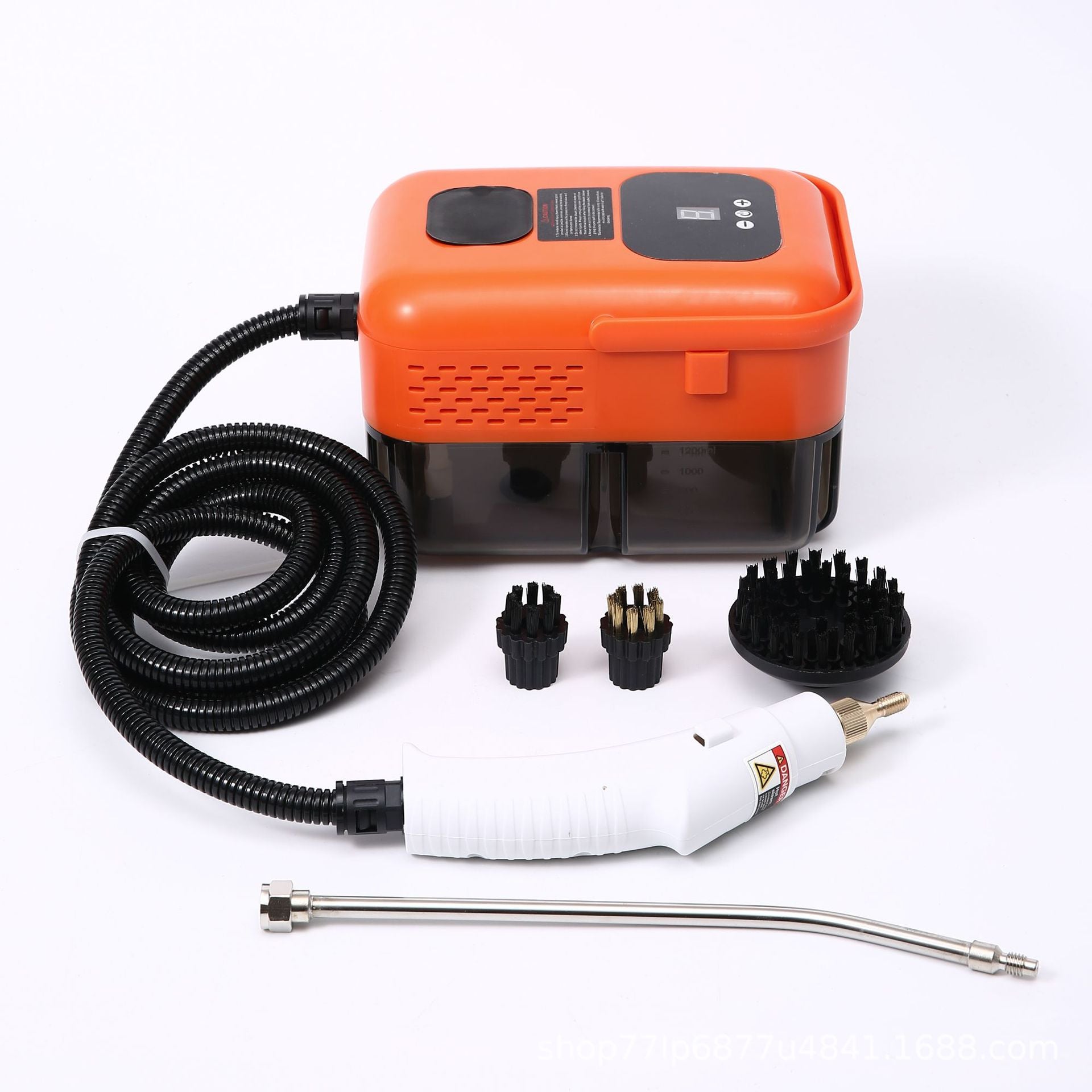 Limpiador de Vapor Portátil naranja con accesorios completos. Alta temperatura para desinfectar superficies del hogar y jardín.