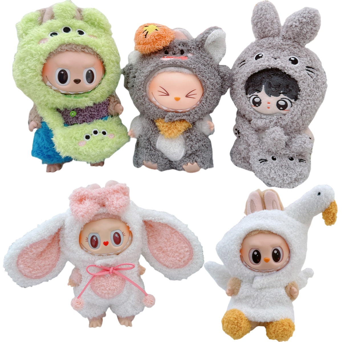 Conjunto de Ropa de Peluche Labubu de 17cm: Muñeco de Algodón de 10cm, Pijamas de 15cm de Ganso, Conejo y Oveja con Gorra