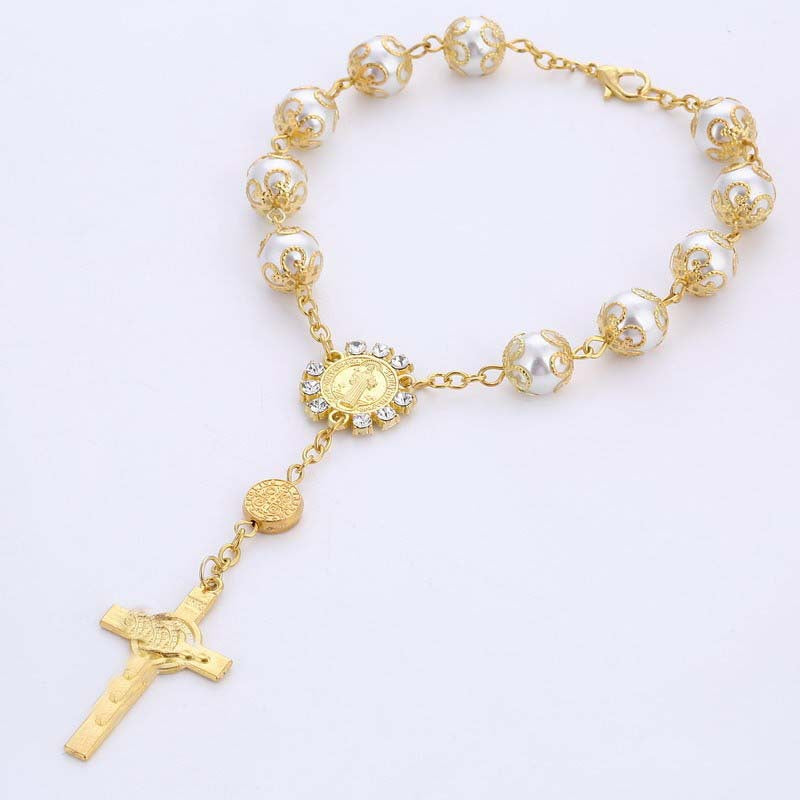 Pulsera de Perlas Sintéticas 10mm con Cruz – Joyeria Religiosa