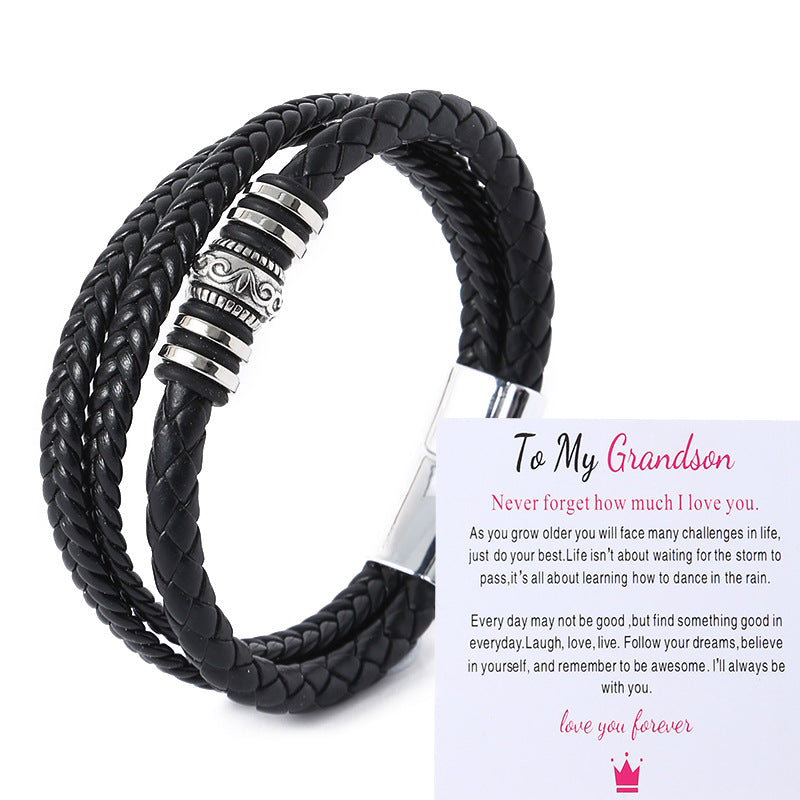 Pulsera de Cuero Trenzado Triple para Hombre – Dije Étnico y Cierre Magnético de Aleación