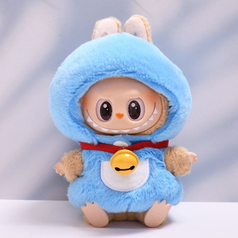 Disfraz azul estilo Doraemon para muñeca Labubu de 17cm con campana decorativa y orejas de conejo. Muñeca no incluida.