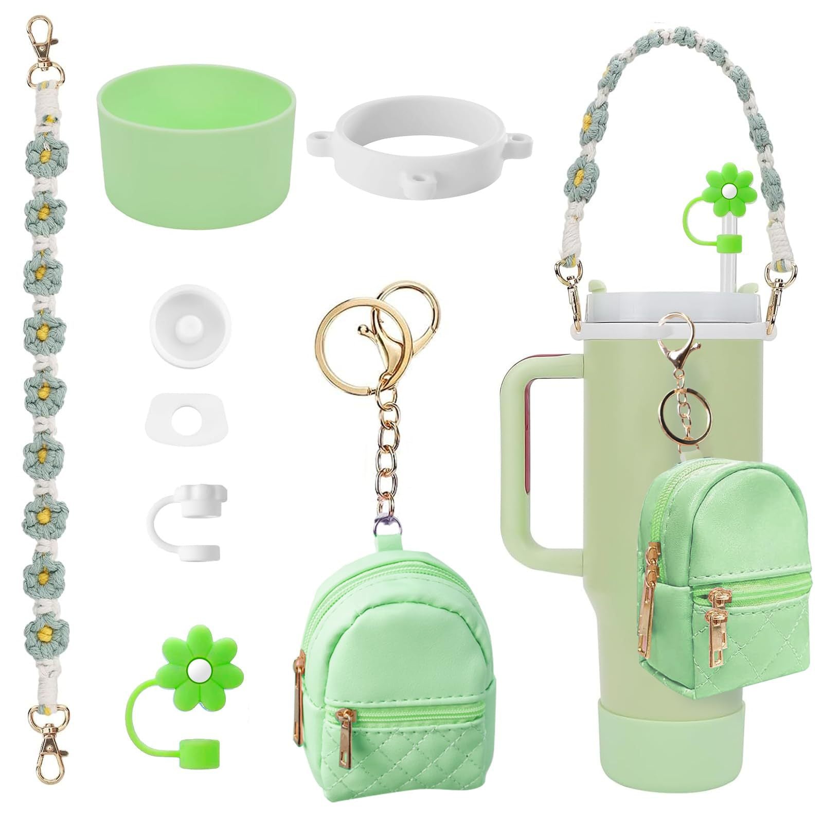 Stanley Flower Straw Cap Set: Silicone Sleeve, Heart Pendant & More (8 pcs)