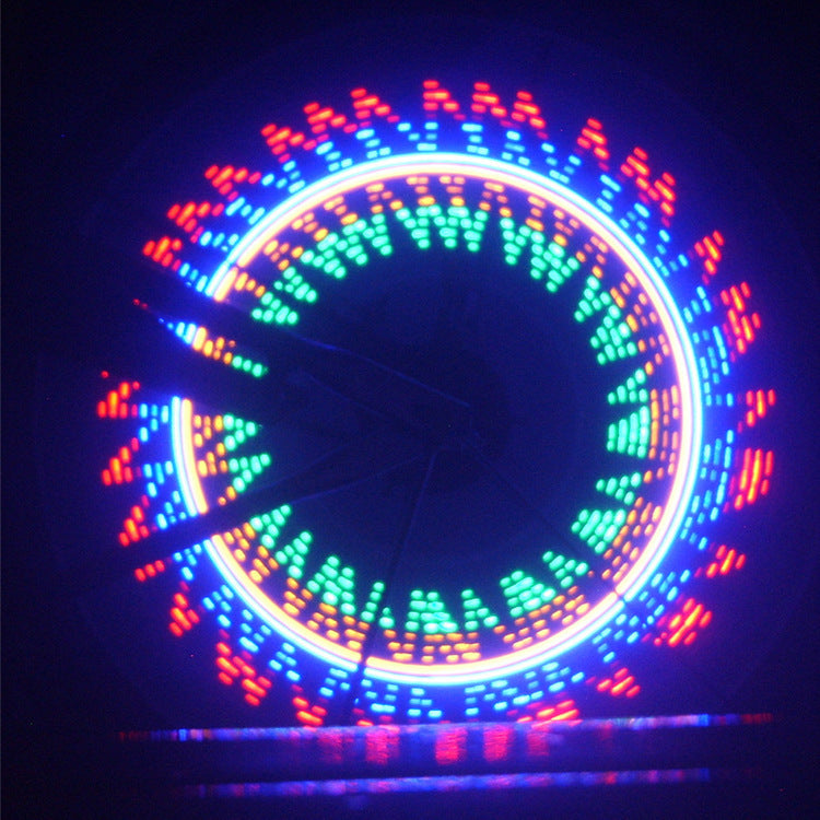 Luces LED para rueda de bicicleta con efectos visuales en rojo, azul y verde, ideales para ciclismo urbano nocturno y visibilidad.