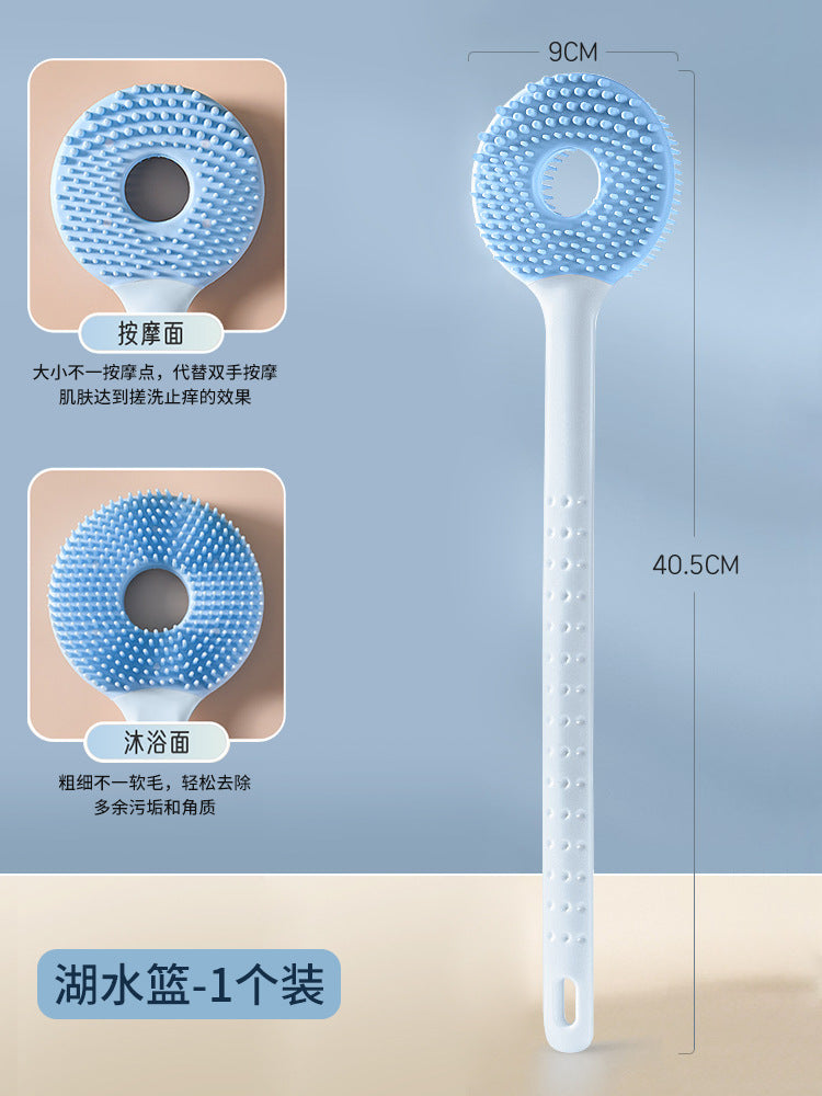 Cepillo de baño azul 2 en 1 con doble cara para masaje y limpieza, ideal para exfoliar suavemente y relajar la piel bajo la ducha.
