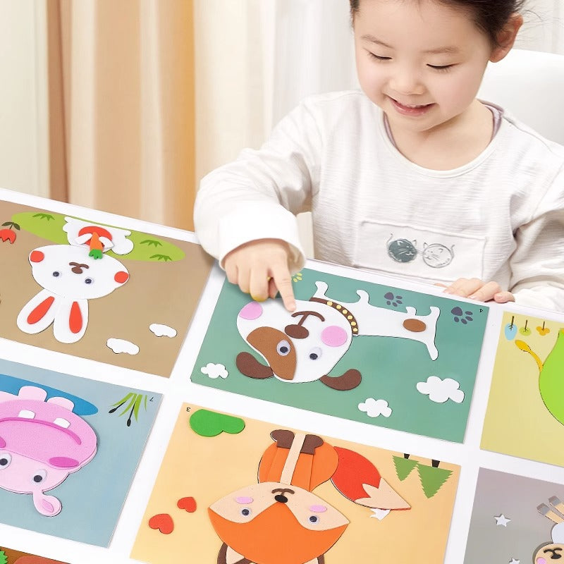 kit creativo de arte  para niños, creando manualidades con pegatinas educativas de animales coloridos.