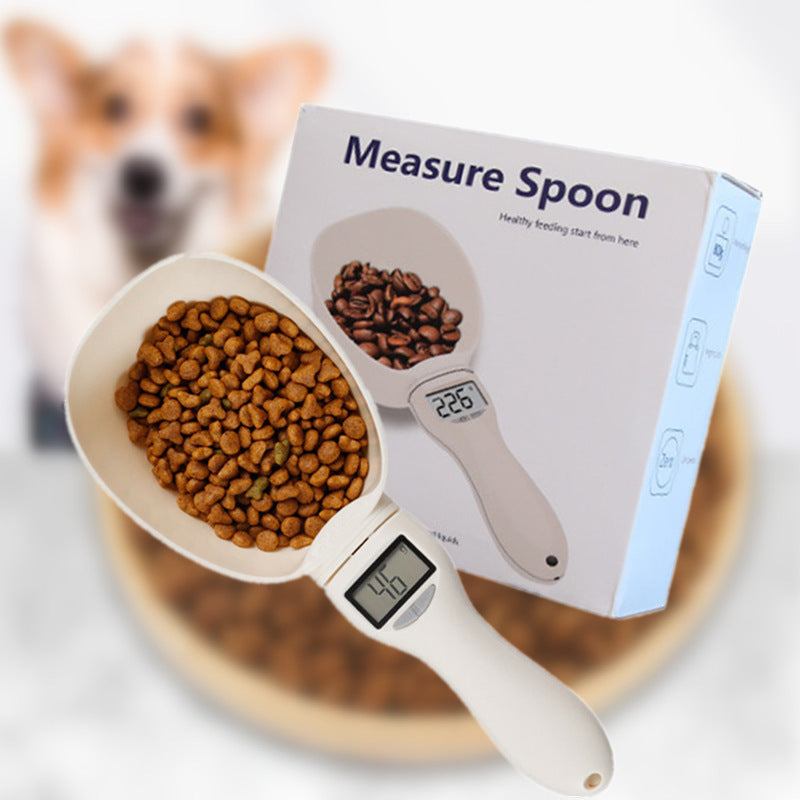 Báscula electrónica y cuchara medidora digital para comida de perros y gatos.