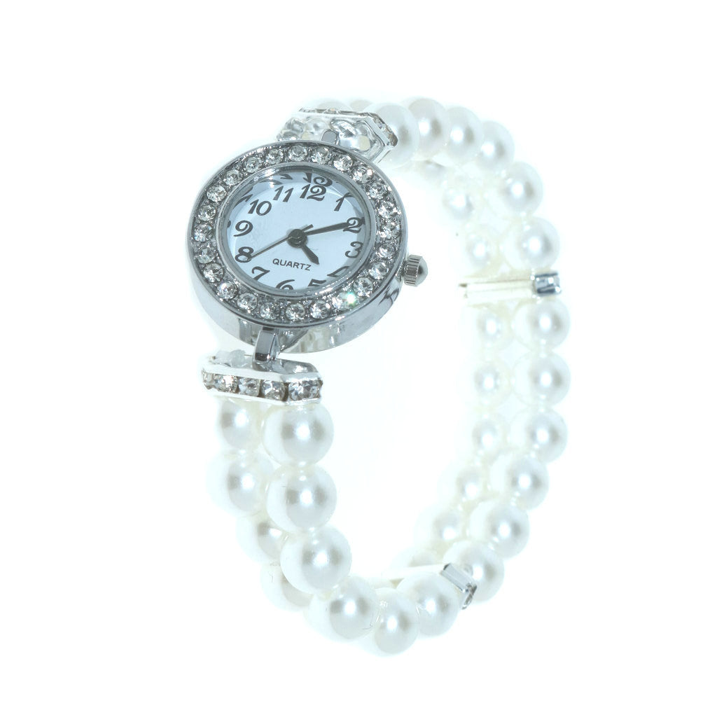 Reloj Femenino de Cuarzo con Pulsera Elástica de Perlas y Piedras Brillantes