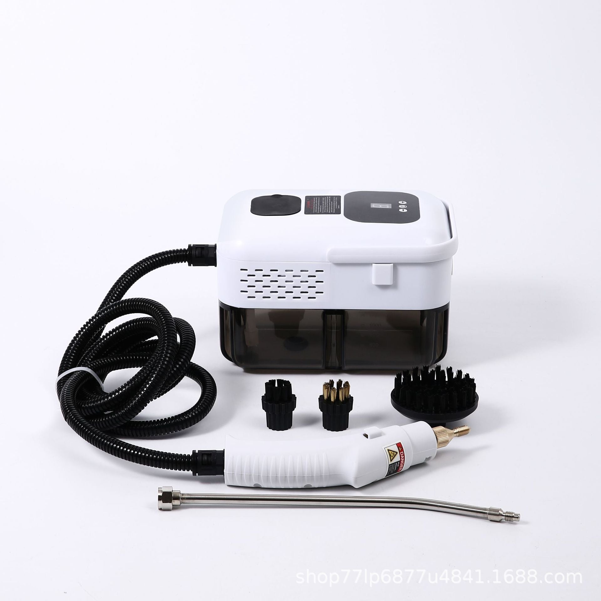 Vista frontal del Limpiador de Vapor Portátil blanco con cepillos y manguera. Ideal para limpieza profunda con vapor caliente.