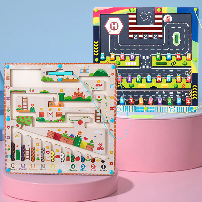 Laberintos magnéticos dobles con letras y colores para niños. Juego educativo que combina aprendizaje de números, letras y coordinación.