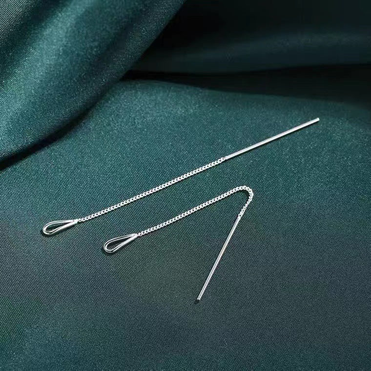 Aretes Enhebrador Largos de Plata Pura S999 con Gota de Agua y Cadena Colgante