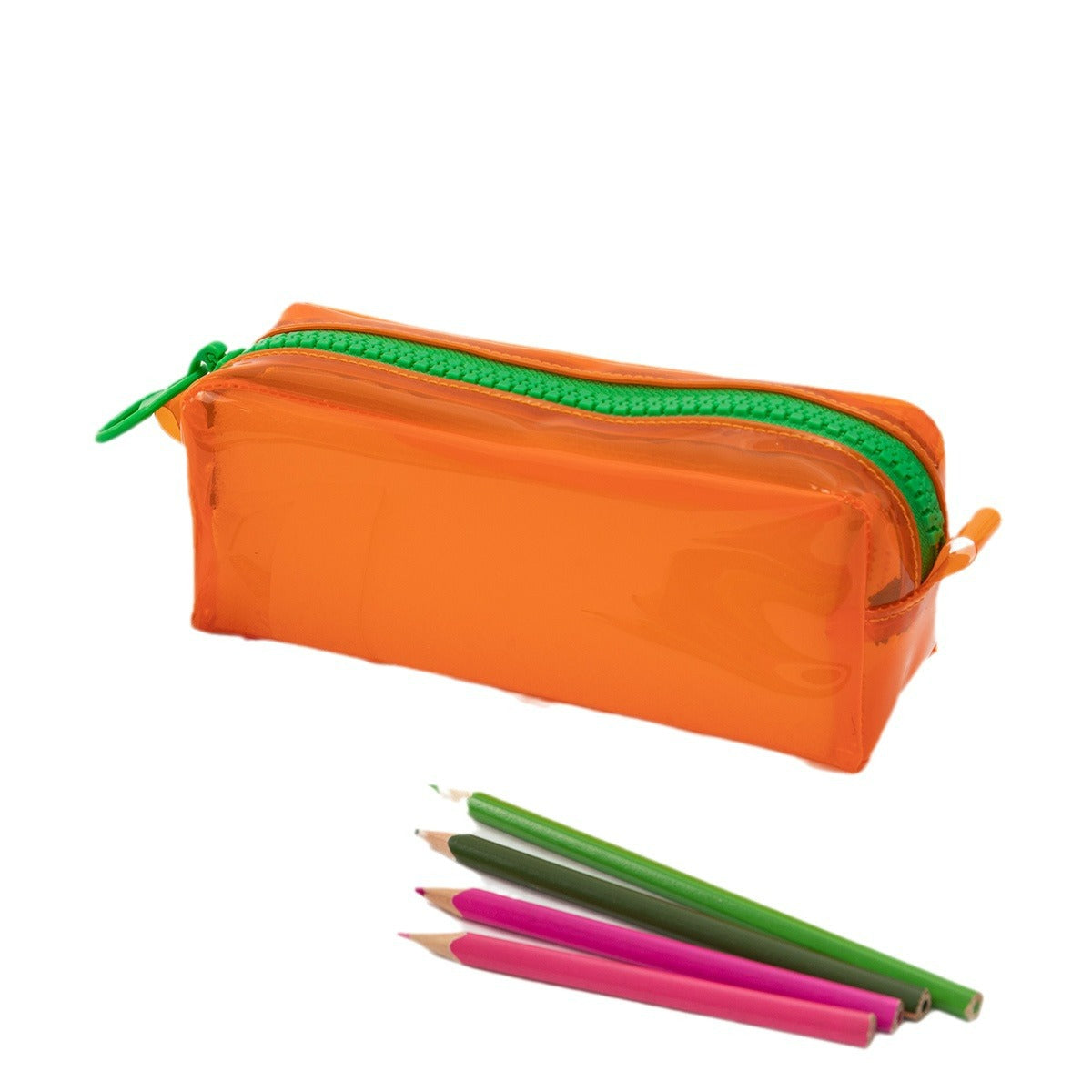 Estuche naranja de silicona con cremallera verde, resistente y colorido para uso escolar o de oficina.