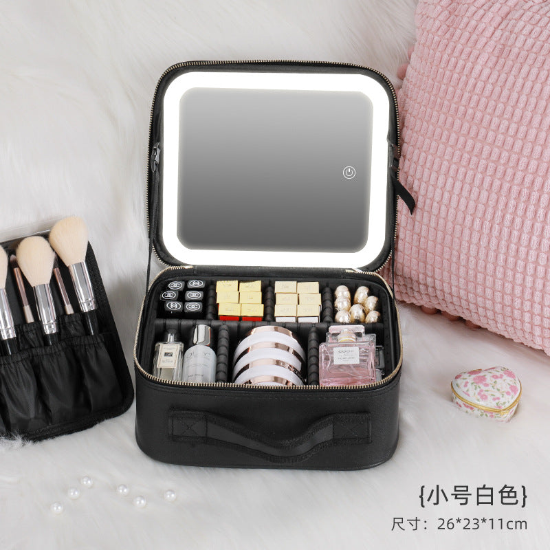 Neceser de maquillaje blanco con espejo iluminado y organizador interno. Perfecto para viajes y almacenamiento de productos de belleza.