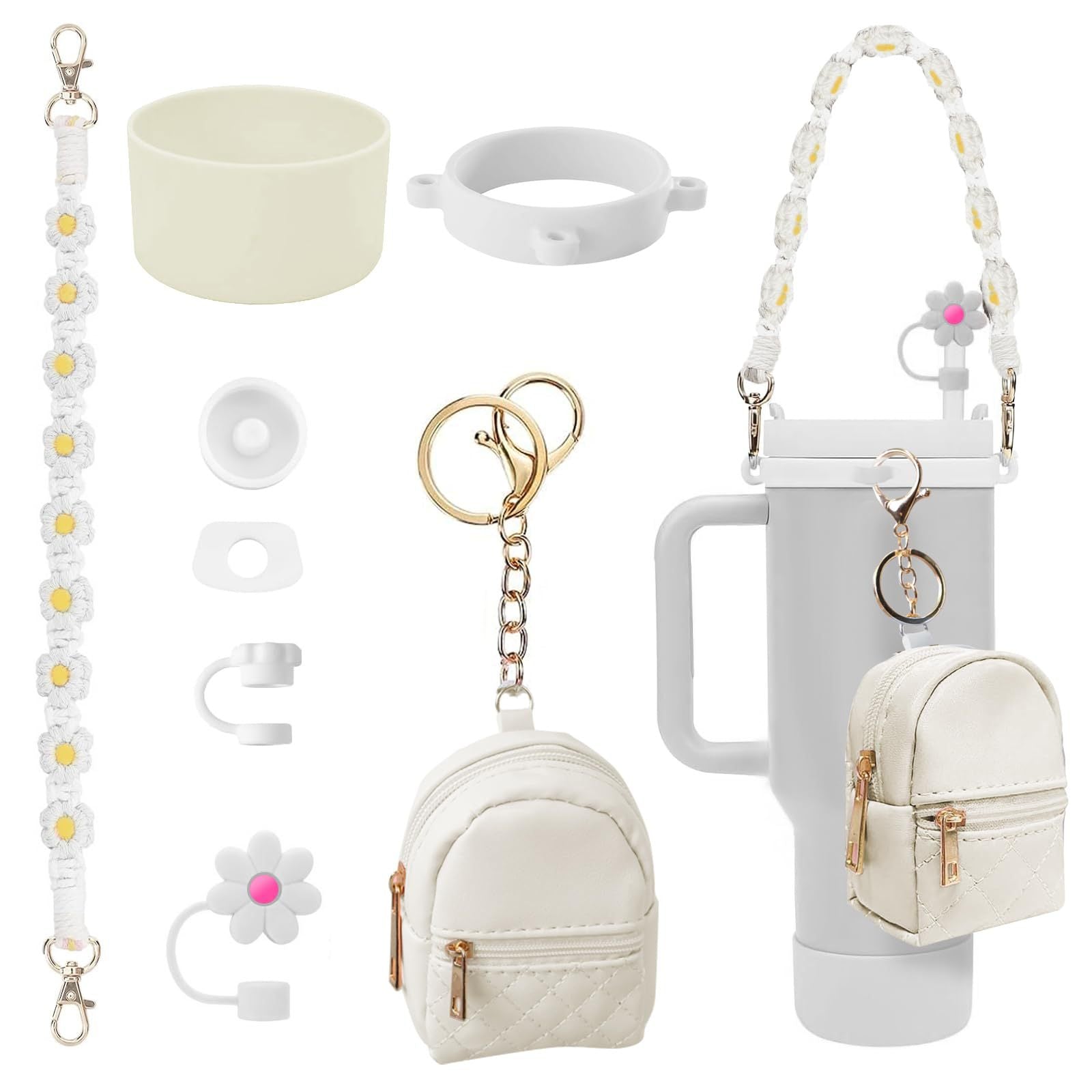 Stanley Flower Straw Cap Set: Silicone Sleeve, Heart Pendant & More (8 pcs)