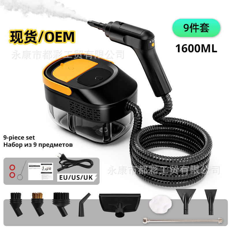 Limpiador de vapor portátil 1600ml negro con detalles naranjas, incluye set de 9 piezas para limpieza eficiente del hogar.