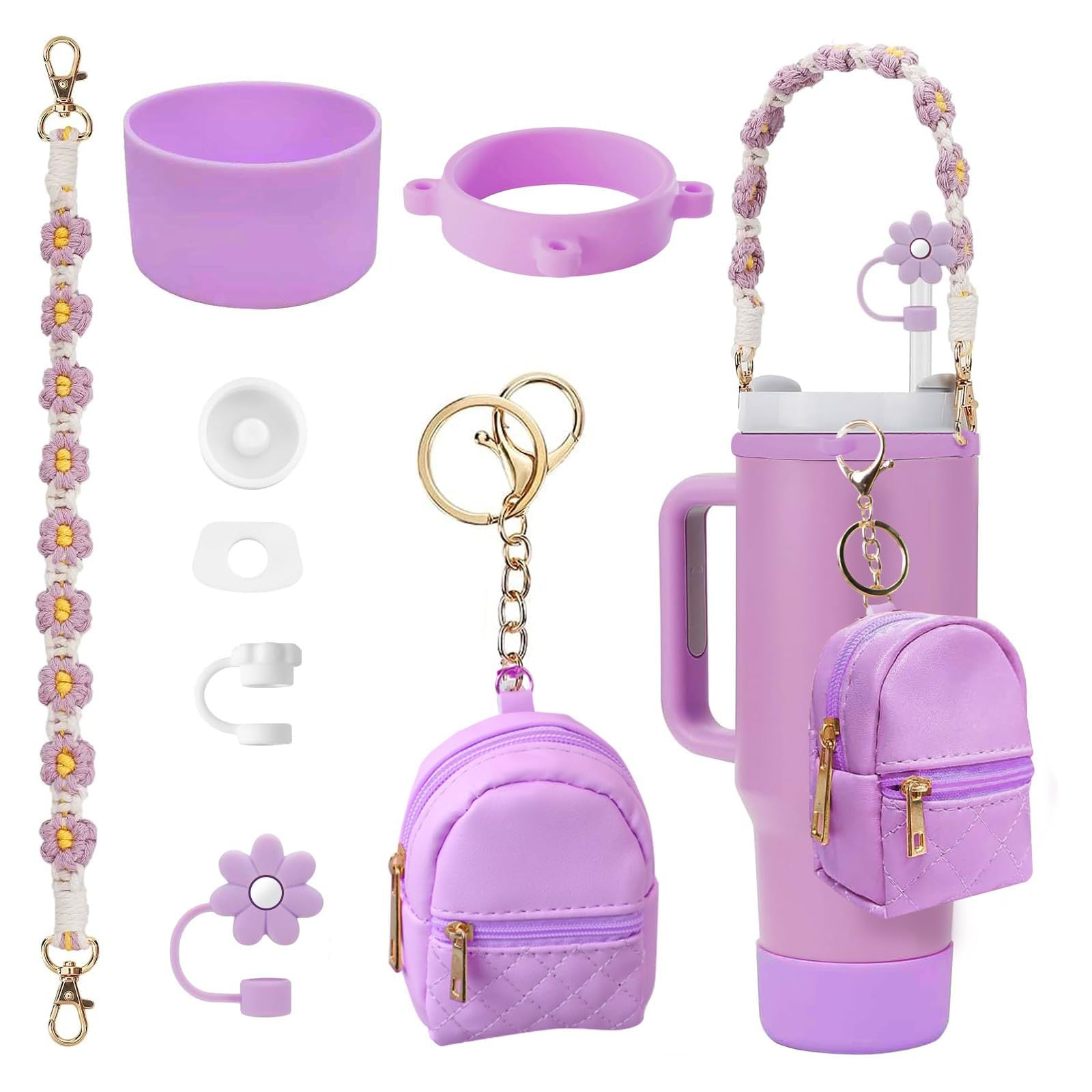 Stanley Flower Straw Cap Set: Silicone Sleeve, Heart Pendant & More (8 pcs)
