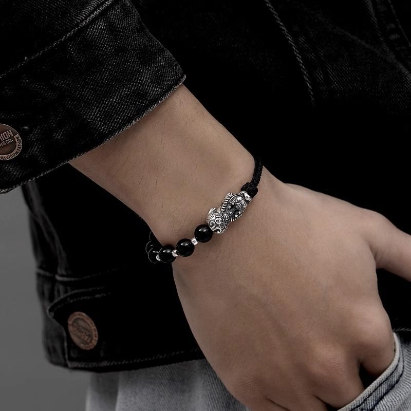 Pulsera de hombre de obsidiana negra con plata: regalo de cumpleaños, trenzado, perlas, atrayendo riquezas