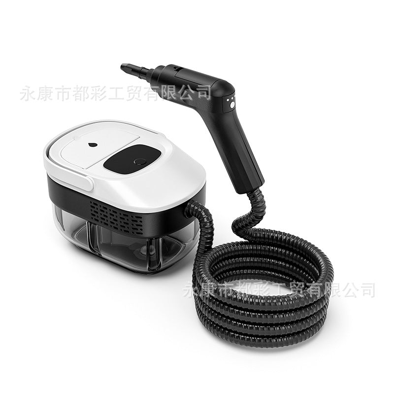 Limpiador de vapor tanque grande 1600ml portátil en color blanco con diseño compacto y manguera flexible para uso doméstico.