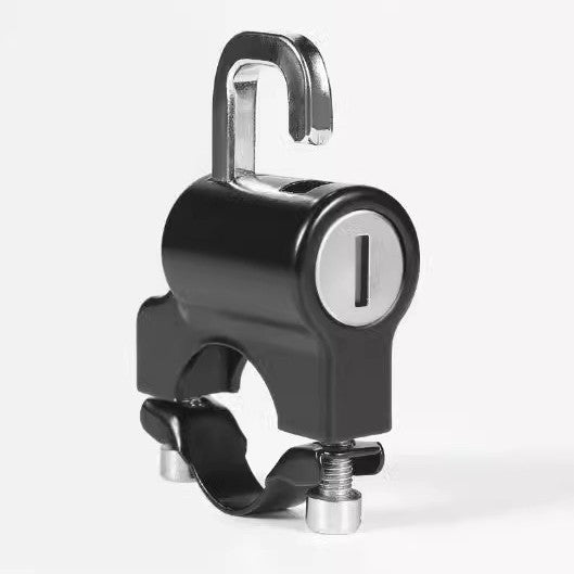 Candado para casco antirrobo metálico para moto o bicicleta, diseño compacto con cerradura de seguridad y montaje en manillar.