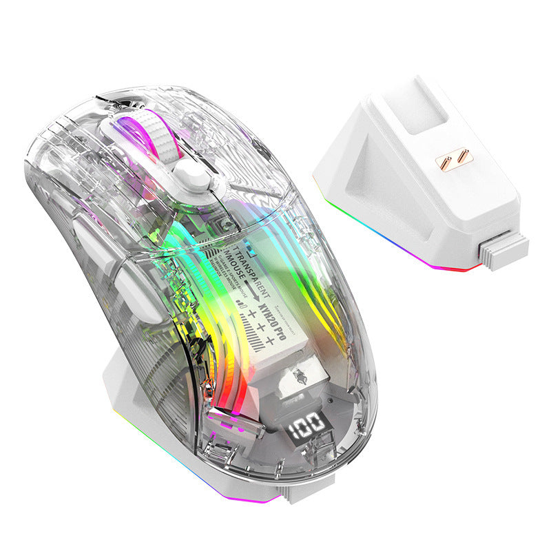 Raton Gaming Inalámbrico RGB XYH20 Pro: Mouse Bluetooth de Tres Modos con Pantalla y Base de Carga Transparente