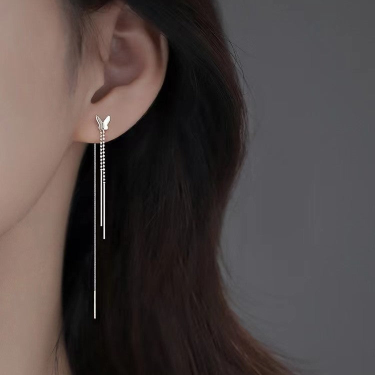 Pendientes de Mariposa en Plata S925 – Diseño Enhebrador con Cadenas Colgantes