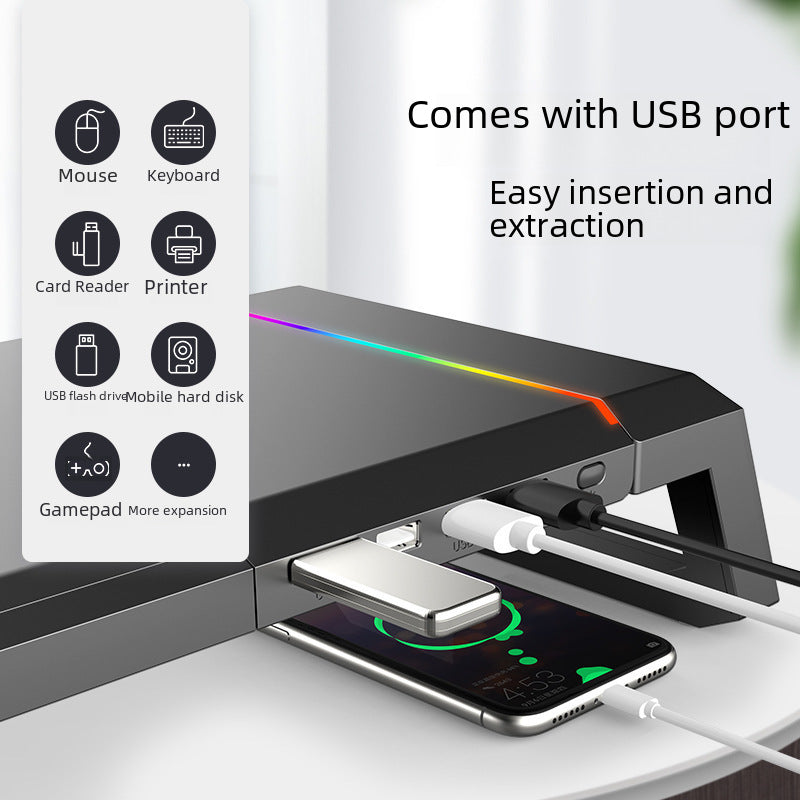 Soporte Elevador para Laptop Todo-en-Uno T1: Monitor Multifuncional, Mouse Pad RGB
