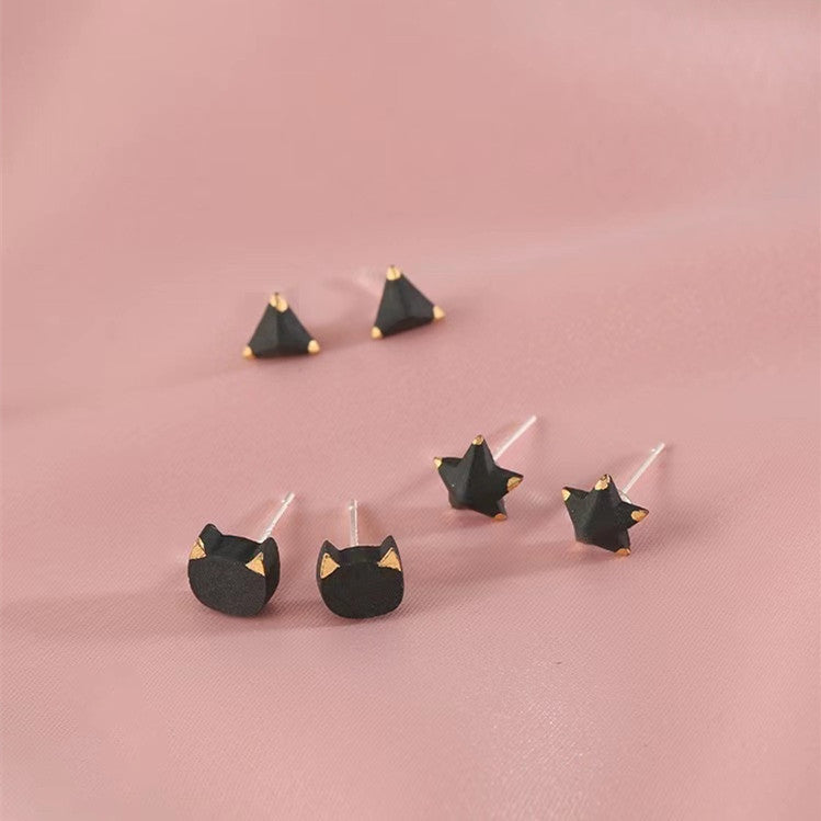 Pendientes Pequeños de Plata 925 – Diseño de Gato, Estrella y Triángulo