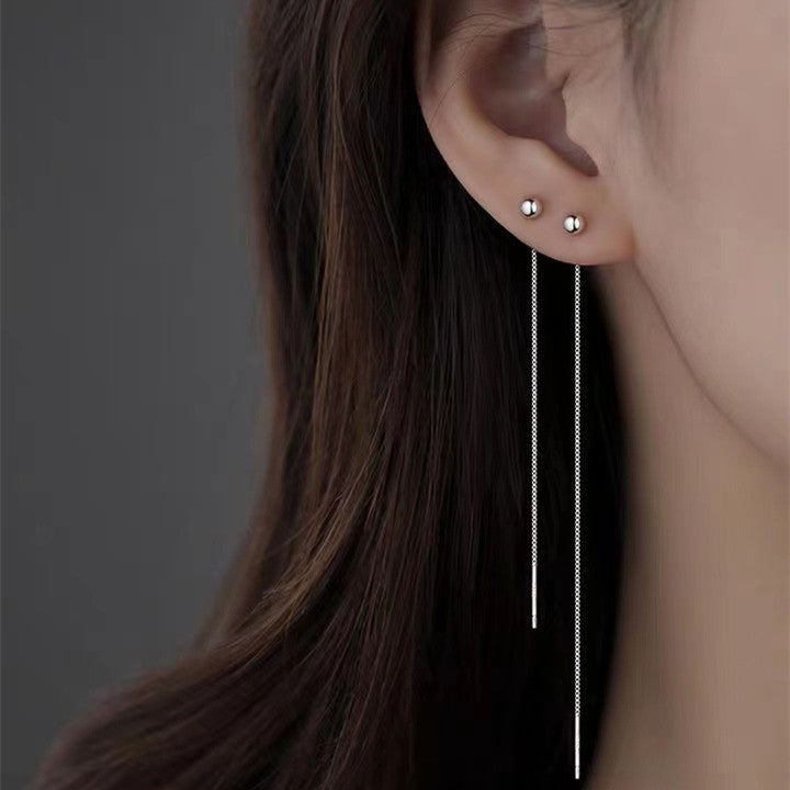 Pendientes Enhebrador Largos con Esfera de Plata 925 y Cadena Colgante