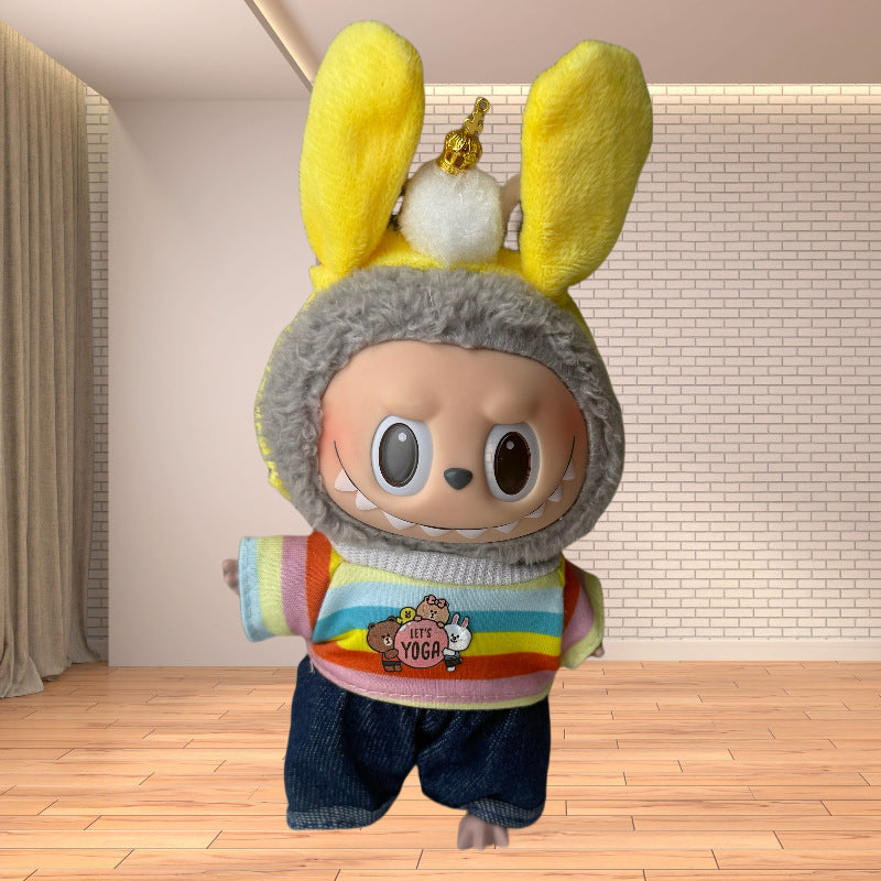 Ropa arcoíris con orejas amarillas para muñeca Labubu de 17cm, accesorio vintage ideal para figuras de juguete.