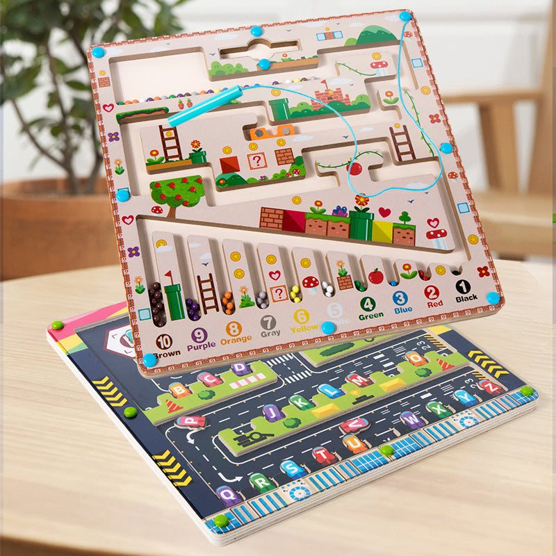 Set de dos laberintos magnéticos para niños con letras, colores y números. Juego educativo para el desarrollo cognitivo y visual.