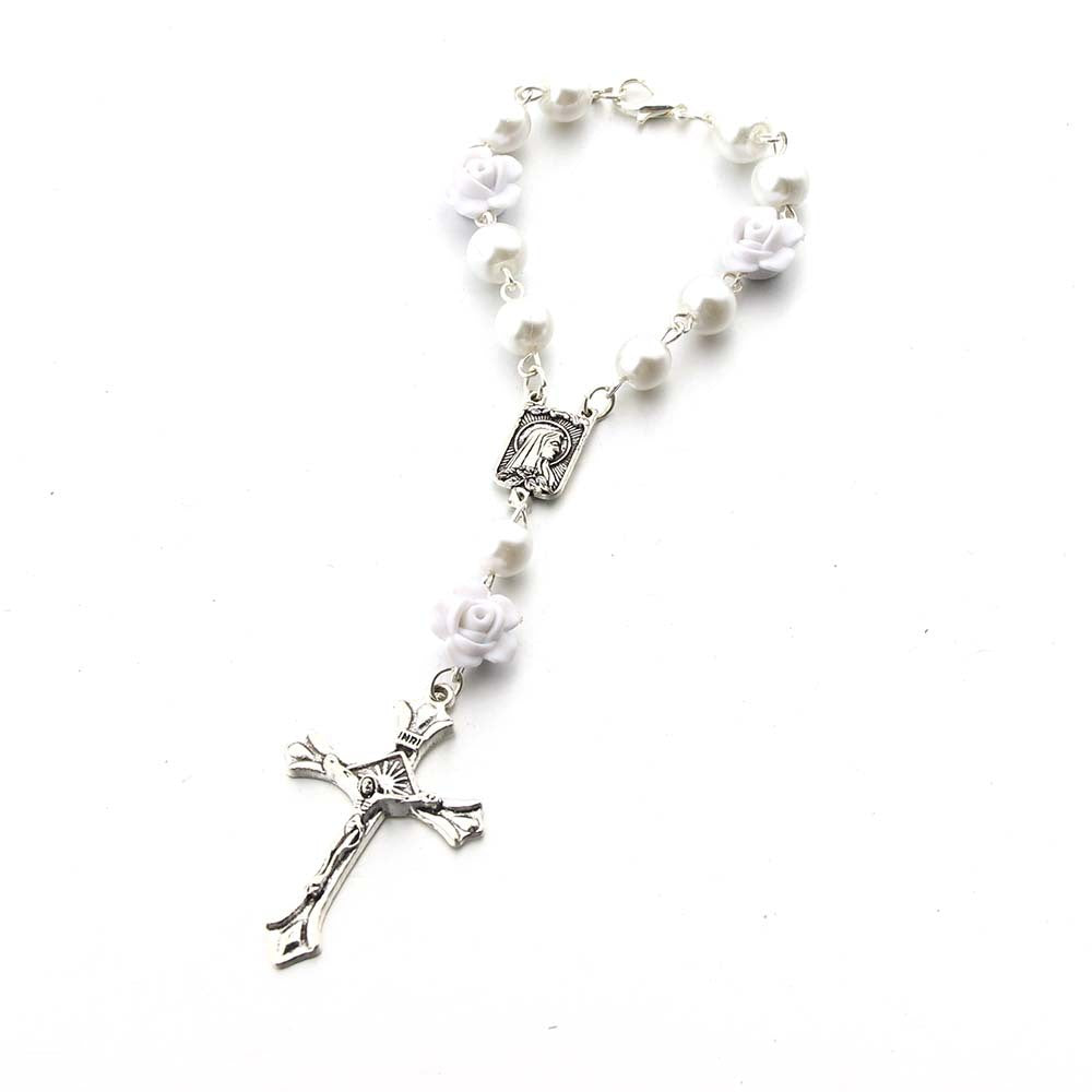 Pulsera Religiosa Virgen del Carmen con Dije de Cruz – Recuerdo de Bautizo o Primera Comunión