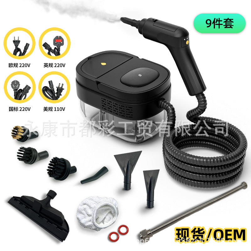 Limpiador de vapor portátil 1600ml negro con set de 9 piezas y múltiples adaptadores de corriente para limpieza doméstica.