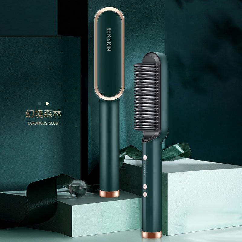 Cepillo alisador de pelo caliente iónico cerámico en verde oscuro con detalles dorados, ideal para alisar y rizar con resultados profesionales.