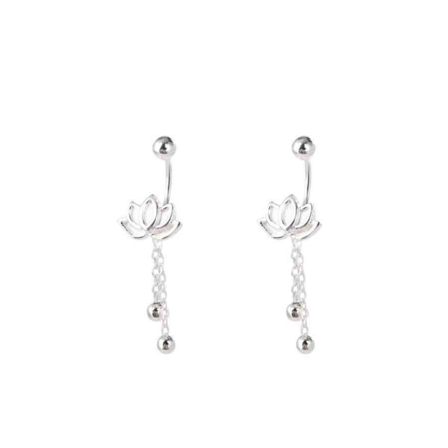 Aretes con Flor de Loto de Plata Pura S999: Diseño tipo Huggie con Cierre de Rosca