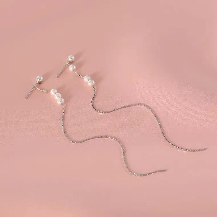Aretes Largos de Plata 925 con Perlas– Enhebrador Cadena Tipo Serpiente