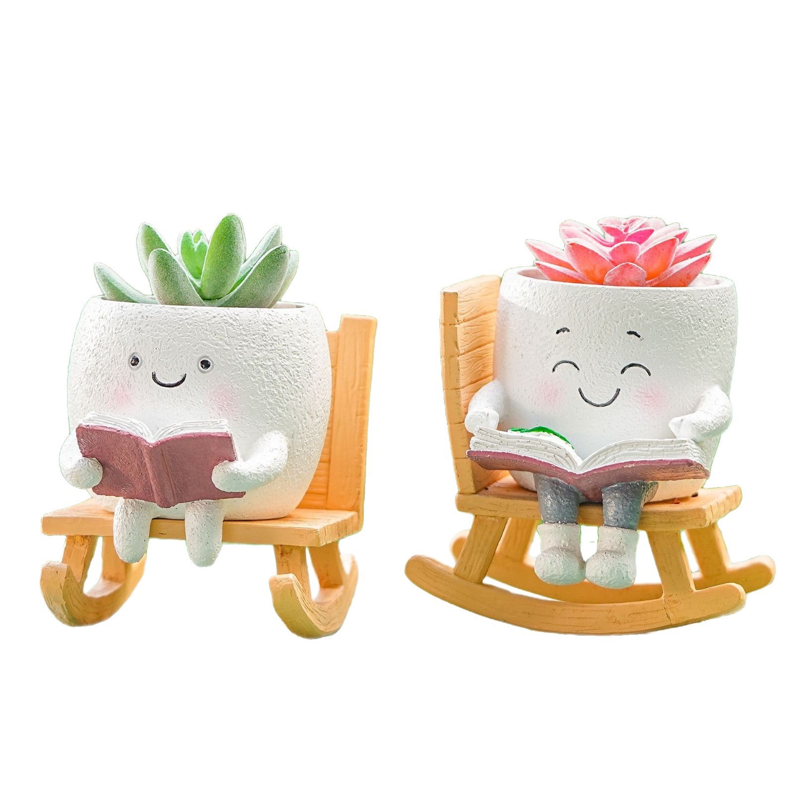 Maceta de resina para plantas pequeñas con diseño de lectura