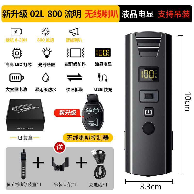 Luz delantera Q02L con control remoto inalámbrico, pantalla LCD y 800 lúmenes, diseñada para ciclismo nocturno seguro.