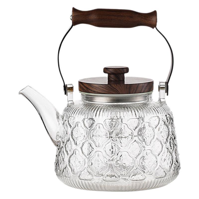 Tetera de vidrio con mango de nuez: hervidor de agua y juego de tazas de té, apto para calentar