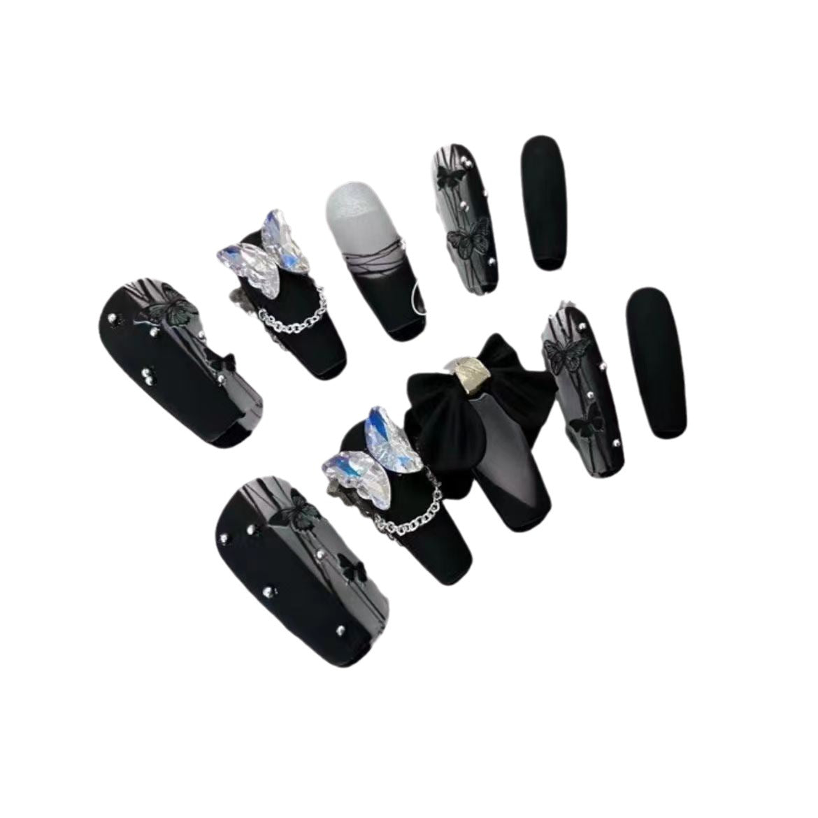 Uñas Postizas Hechas a Mano con Mariposas Negras 3D: Diseño Francés Pintado a Mano, Elegante y Sofisticado