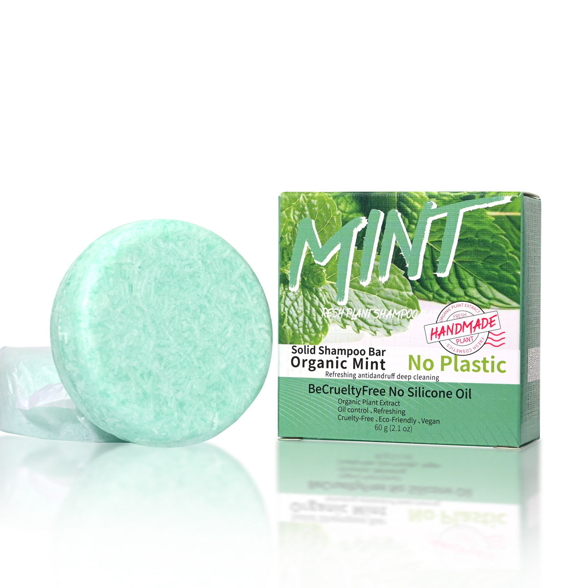 Jabón sólido de menta orgánica para cabello, refrescante y sin plástico, ideal para limpieza profunda y cuidado capilar natural.