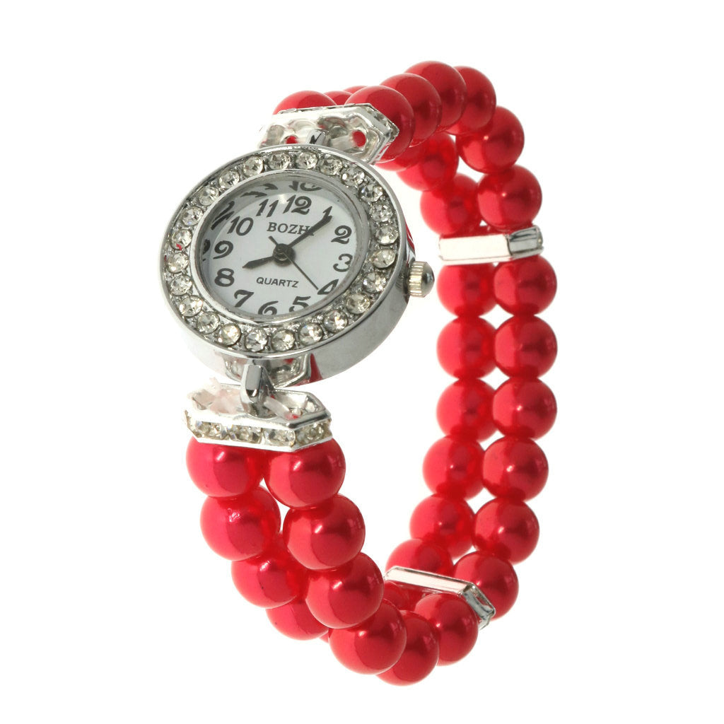 Reloj Femenino de Cuarzo con Pulsera Elástica de Perlas y Piedras Brillantes