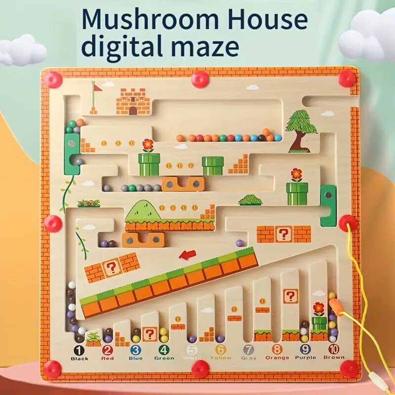 Laberinto magnético infantil con temática de casa de hongos y clasificación de bolas por color. Juego educativo para desarrollo cognitivo.