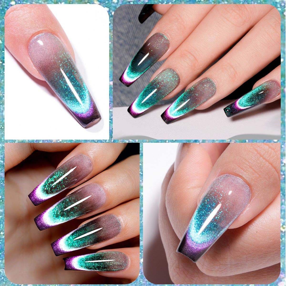 Diseños de manicura con esmalte de uñas gel duradero en tonos degradados brillantes. Acabado profesional con efecto magnético.