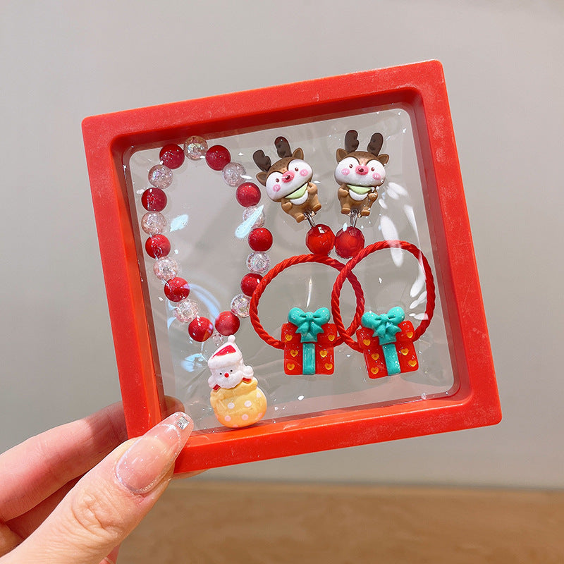 Conjunto Navideño para Niños | Pulseras, Pendientes y Coletas con Diseños de Reno y Santa Claus