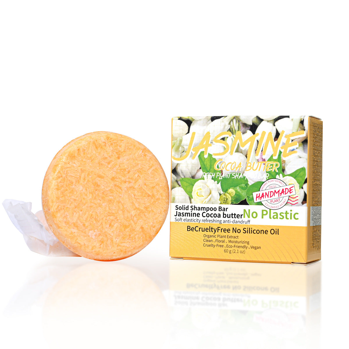 Jabón sólido de jazmín con manteca de cacao para cabello, anticaspa y suavizante, sin silicona ni ingredientes agresivos.