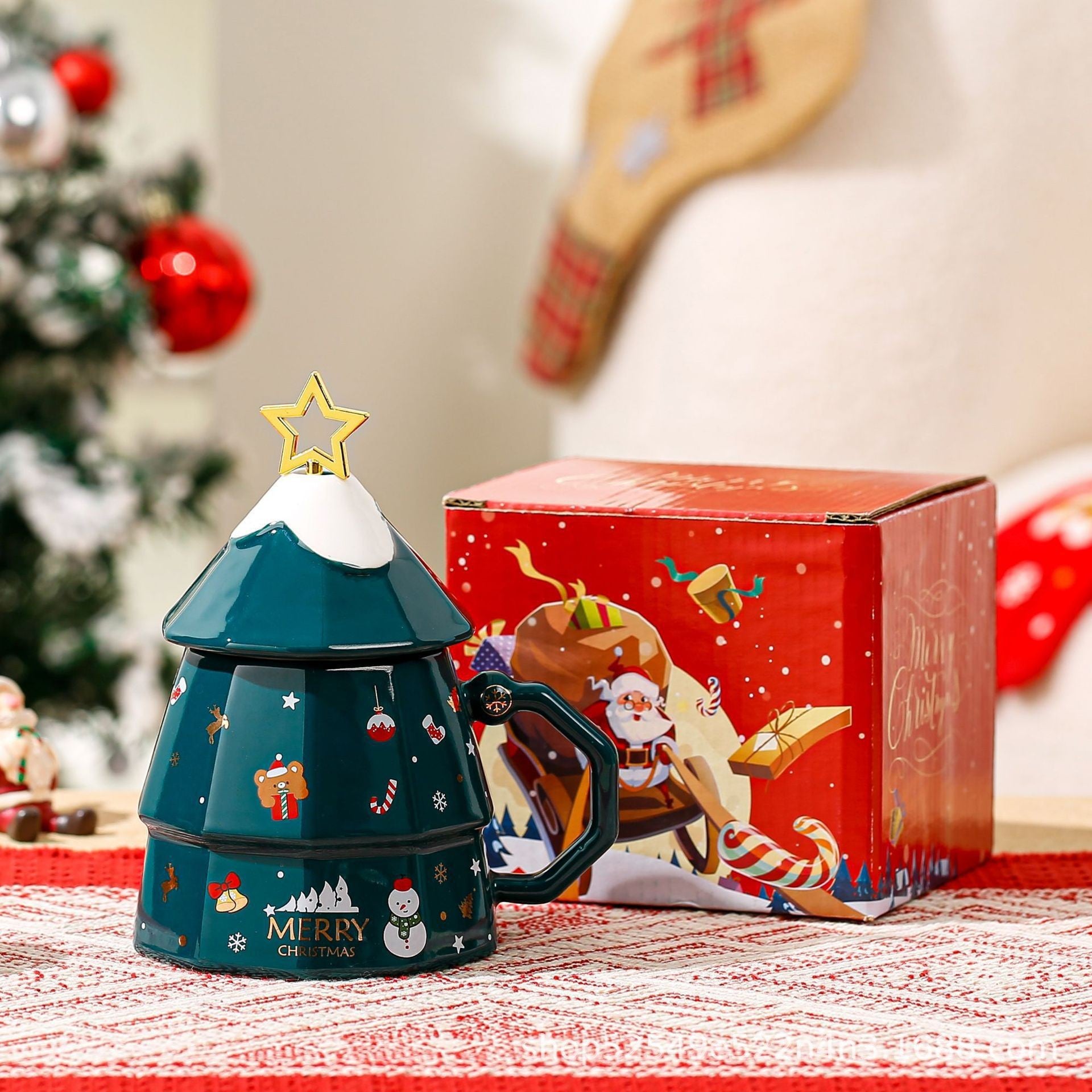 Taza Navideña de Cerámica con Cuchara:  Varios Diseños en  Set para Regalo