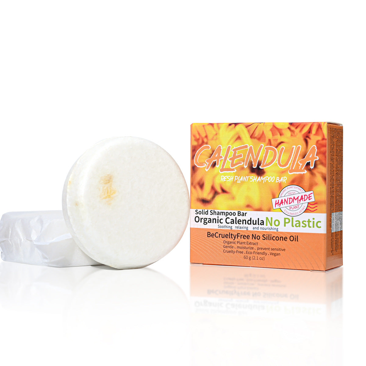 Jabón sólido de caléndula orgánica para cabello, ideal para cuero cabelludo sensible, sin plástico ni ingredientes agresivos.